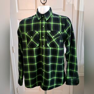 Dixxon Flannel Shirt Mens Size Medium Green Black “The Shifter” Plaid Pearl Snap